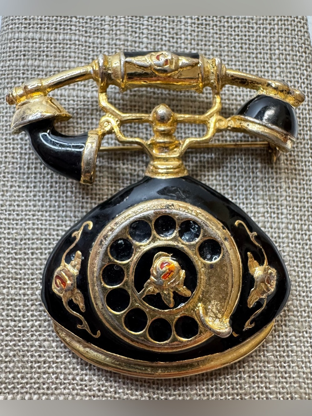 Vintage Gold Tone & Black Enamel Telephone Brooch